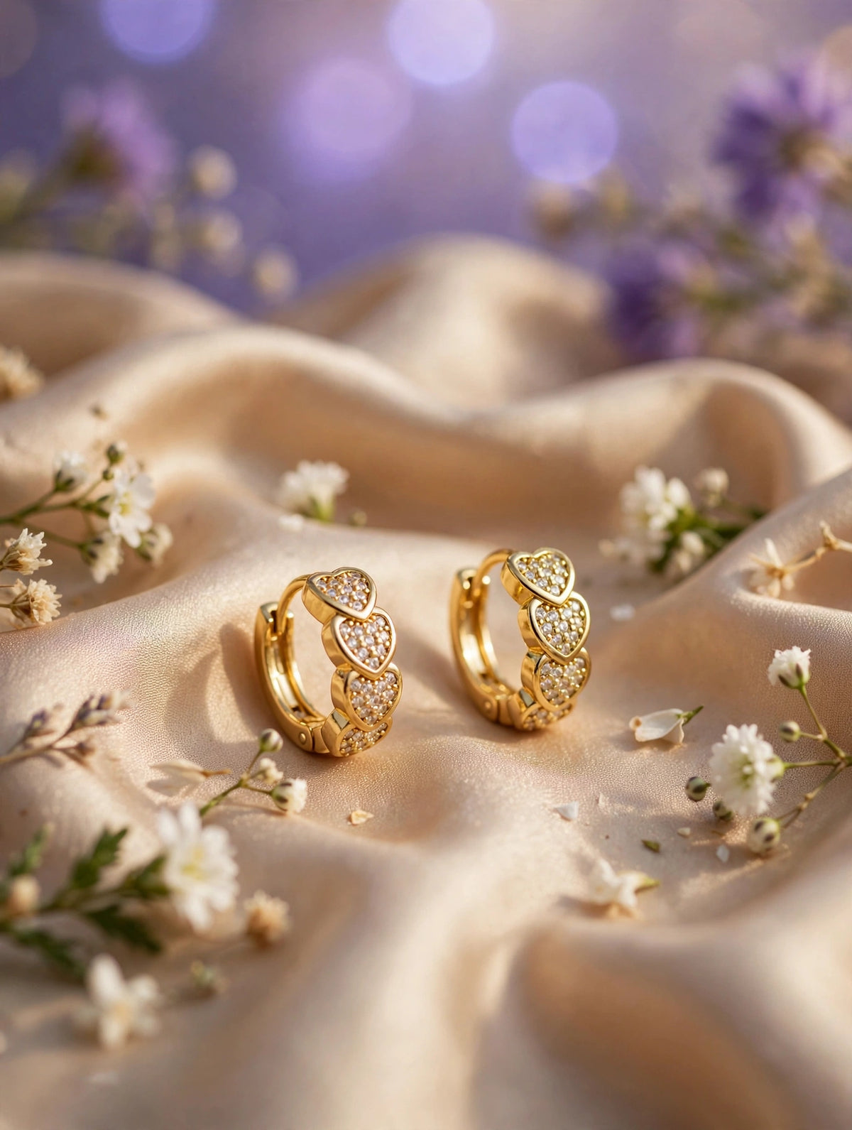 Aretes huggie corazones con brillantitos