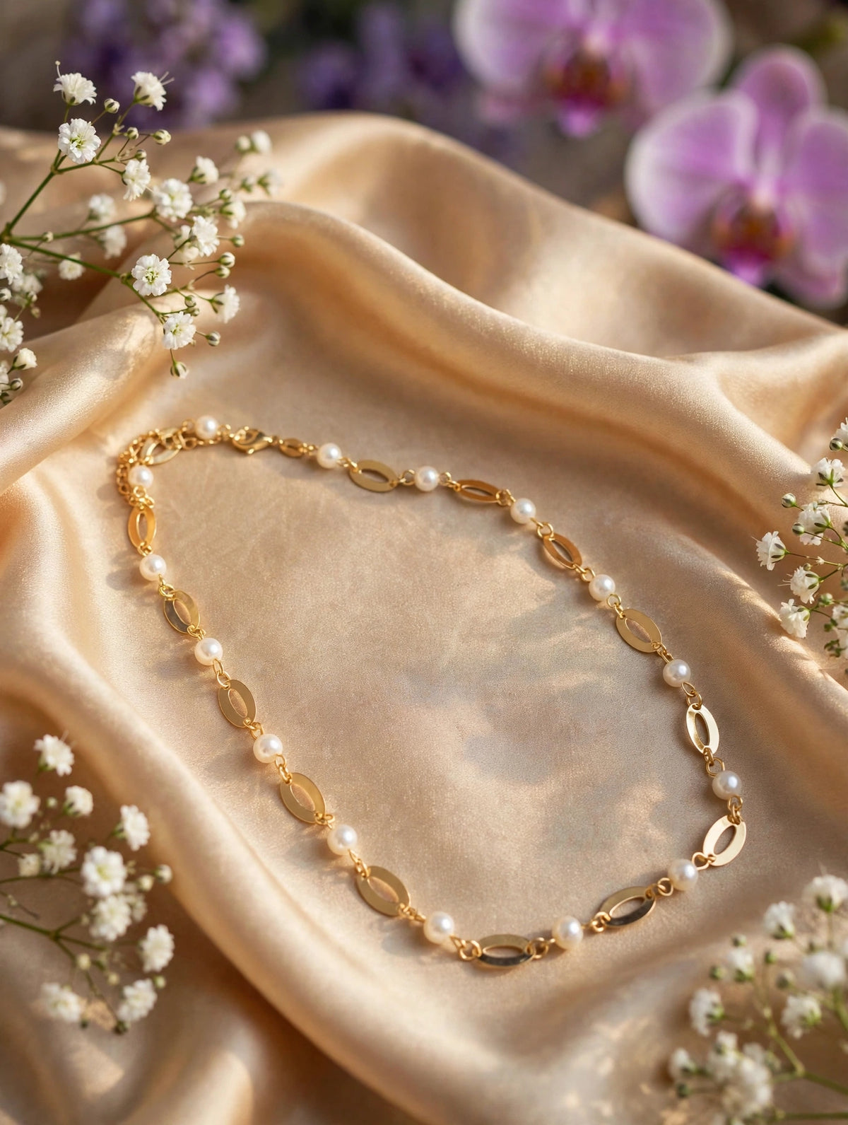 Collar de óvalos dorados con perlas