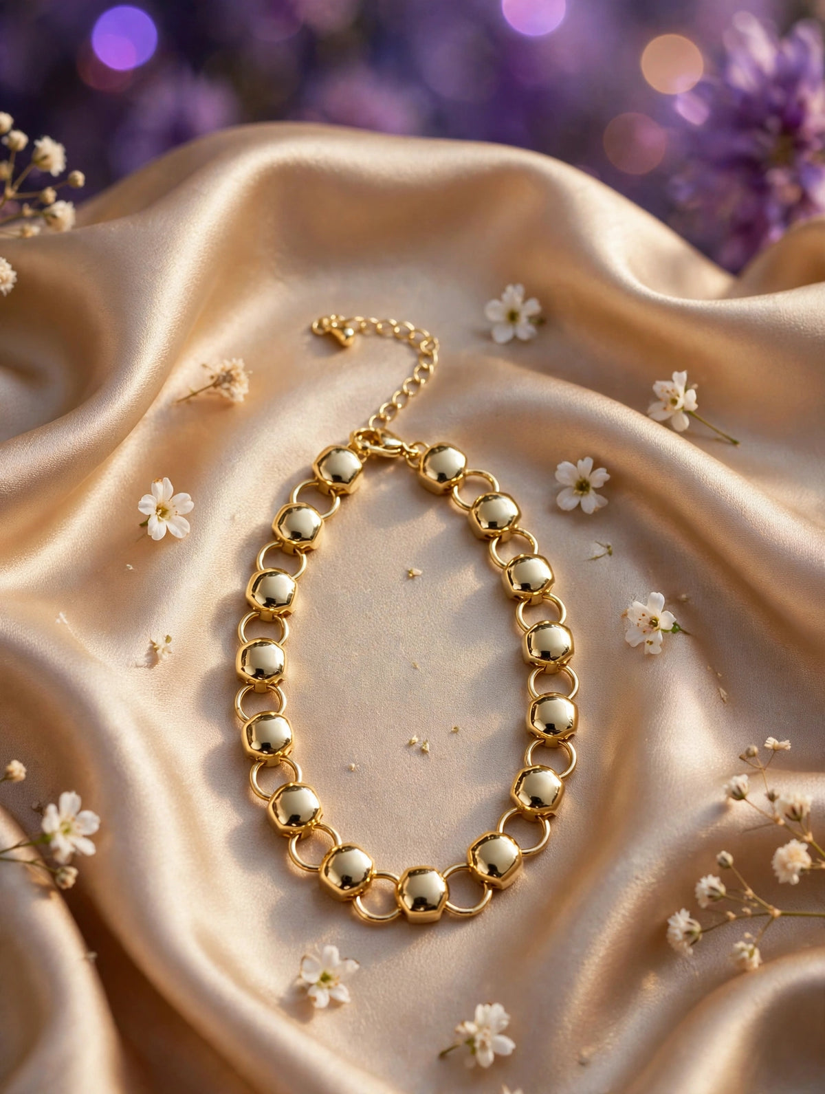 Pulsera círculos enlazados con esferas doradas