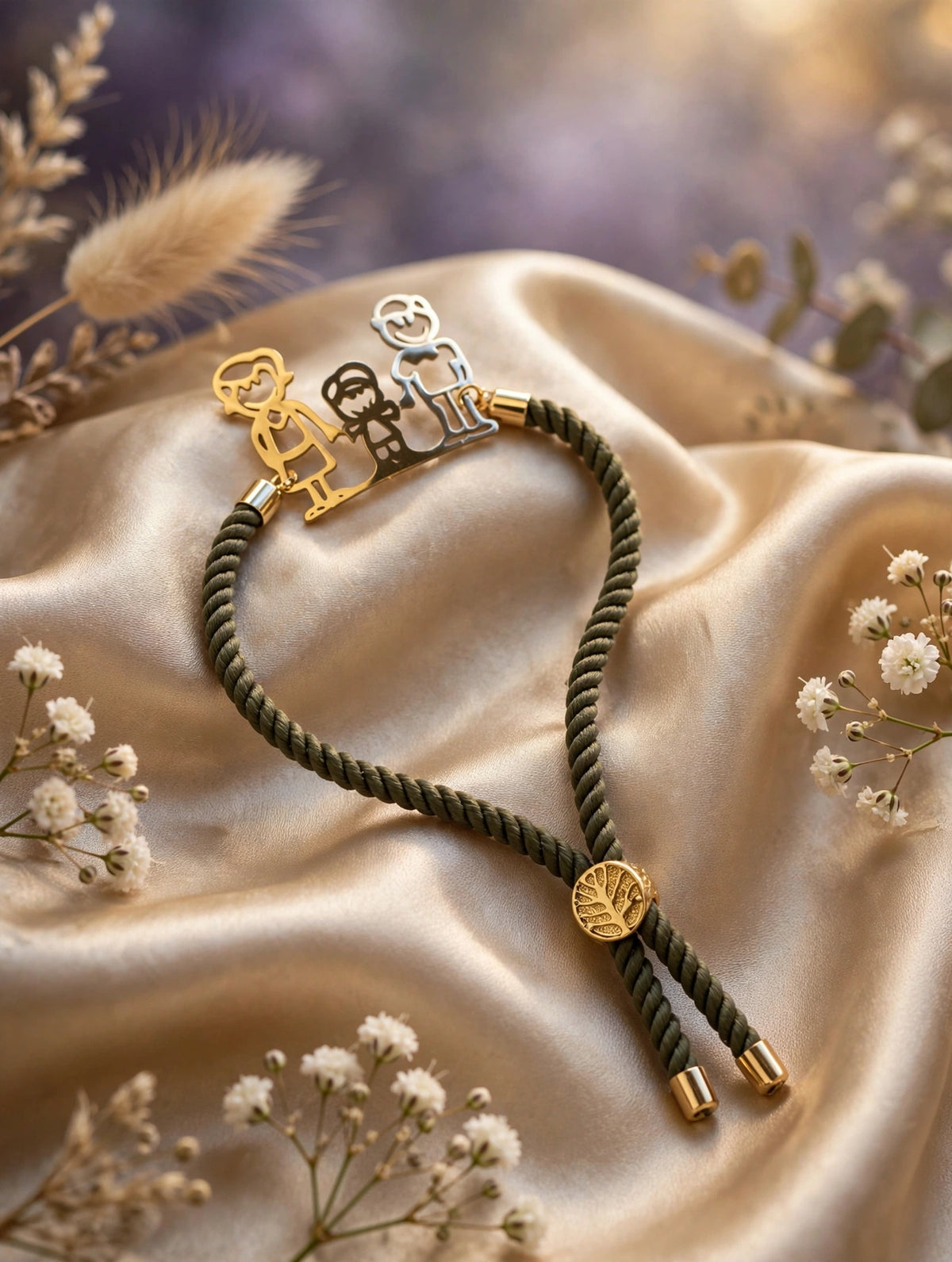 Pulsera de cordón oliva, dije familia (hecha a mano)