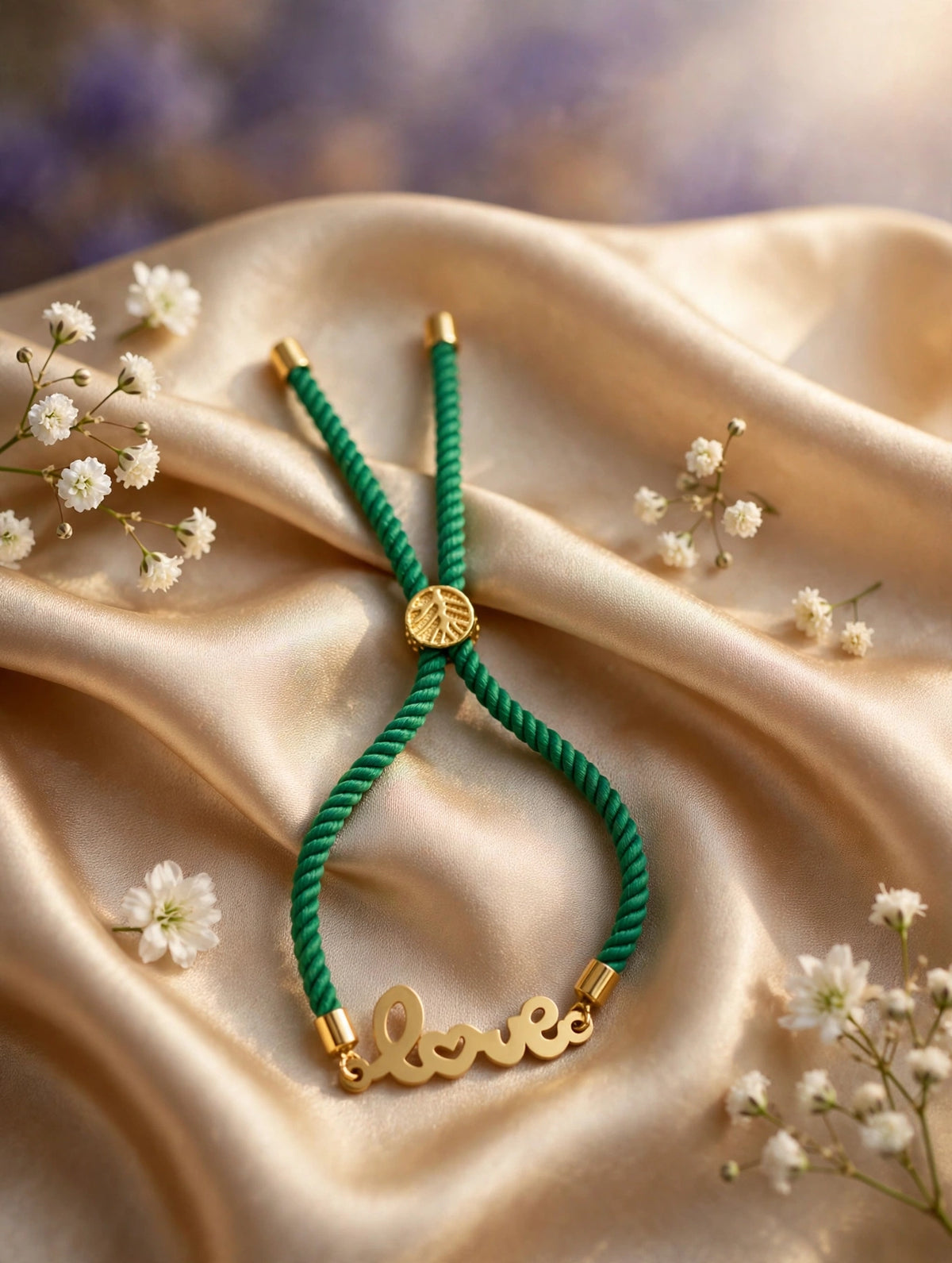Pulsera de cordón verde, dije "Love" (hecha a mano)