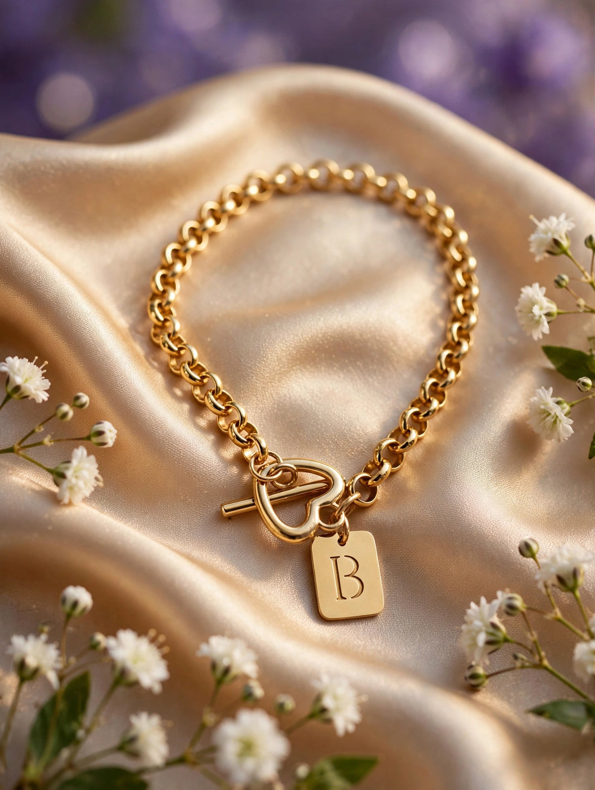 Pulsera de iniciales con plaquita (letras B, C, D, F, I, L, R) — B