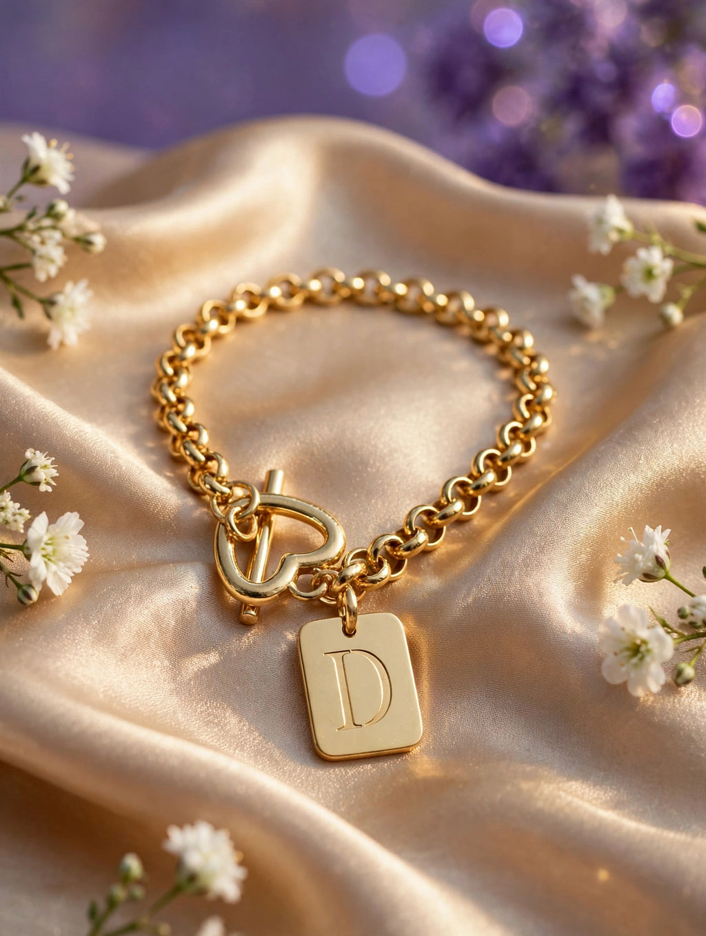 Pulsera de iniciales con plaquita (letras B, C, D, F, I, L, R) — D