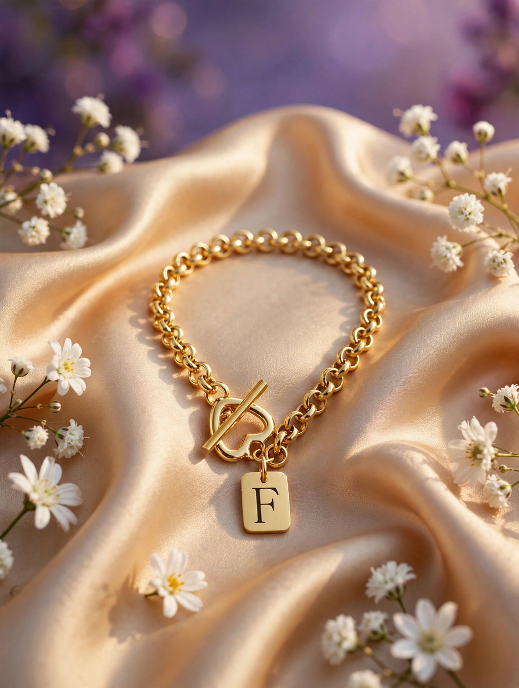 Pulsera de iniciales con plaquita (letras B, C, D, F, I, L, R) — F