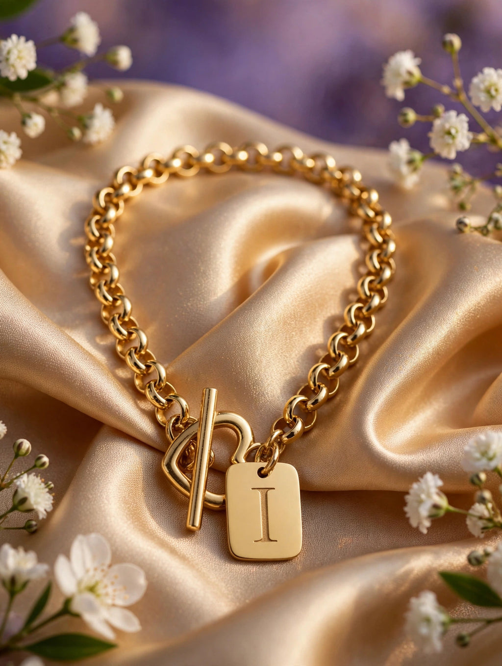 Pulsera de iniciales con plaquita (letras B, C, D, F, I, L, R) — I