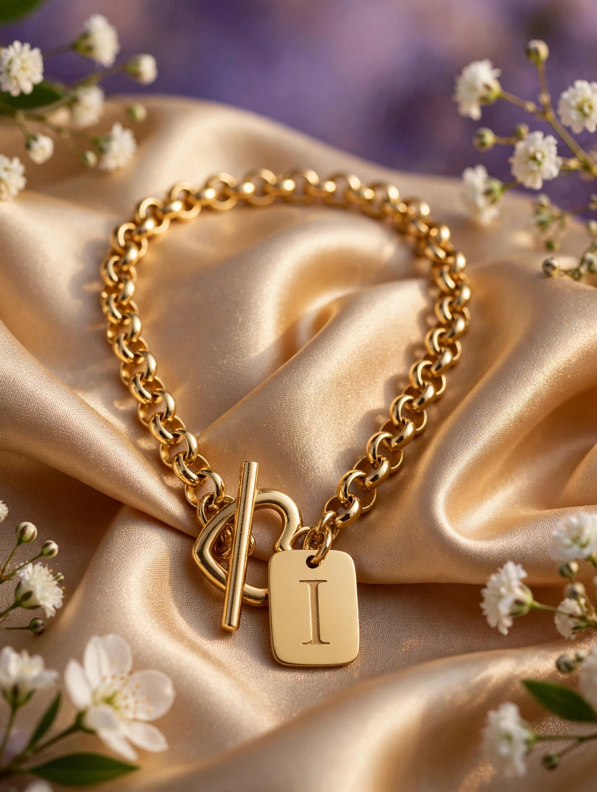 Pulsera de iniciales con plaquita (letras B, C, D, F, I, L, R) — I