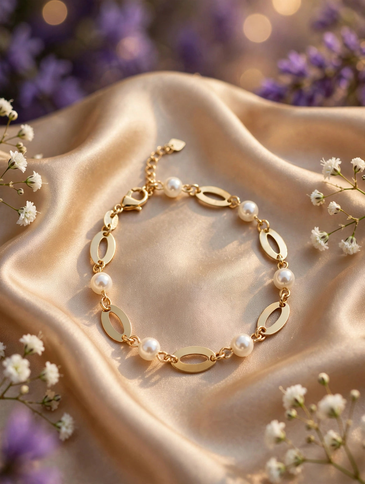 Pulsera de óvalos dorados con perlas