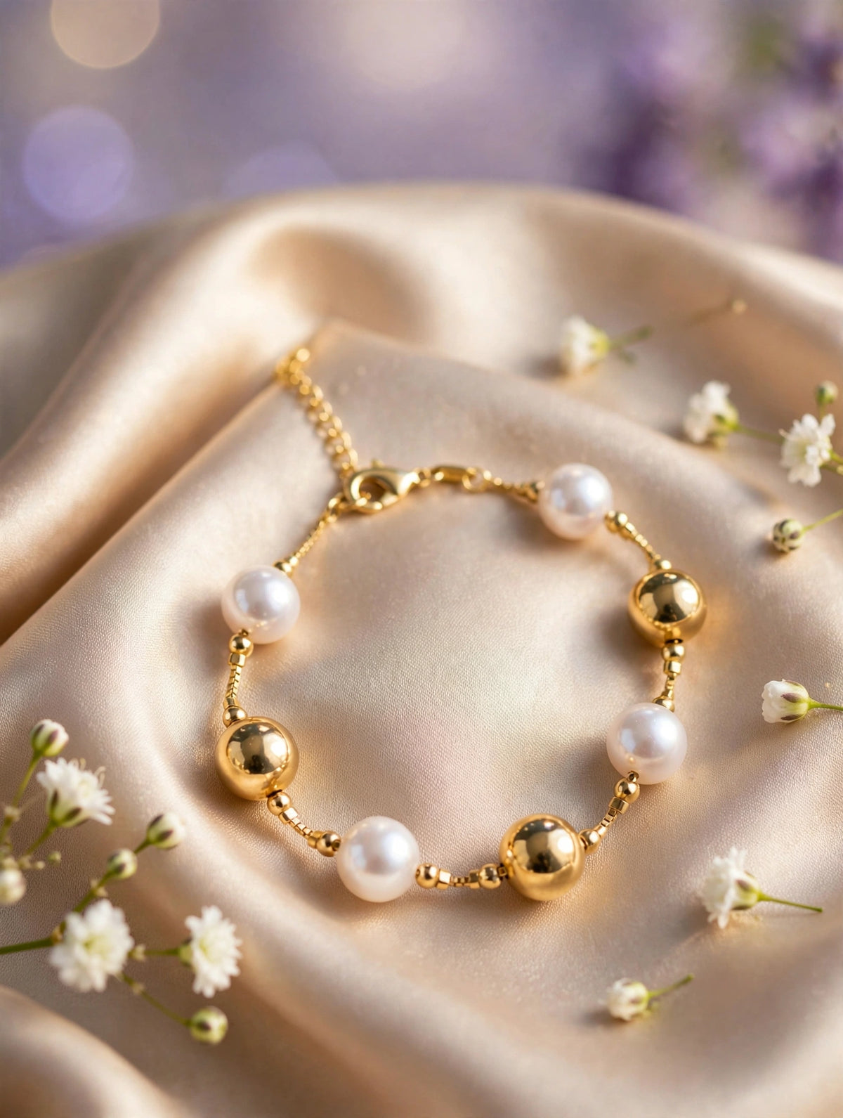 Pulsera cadena dorada con perlas y esferas
