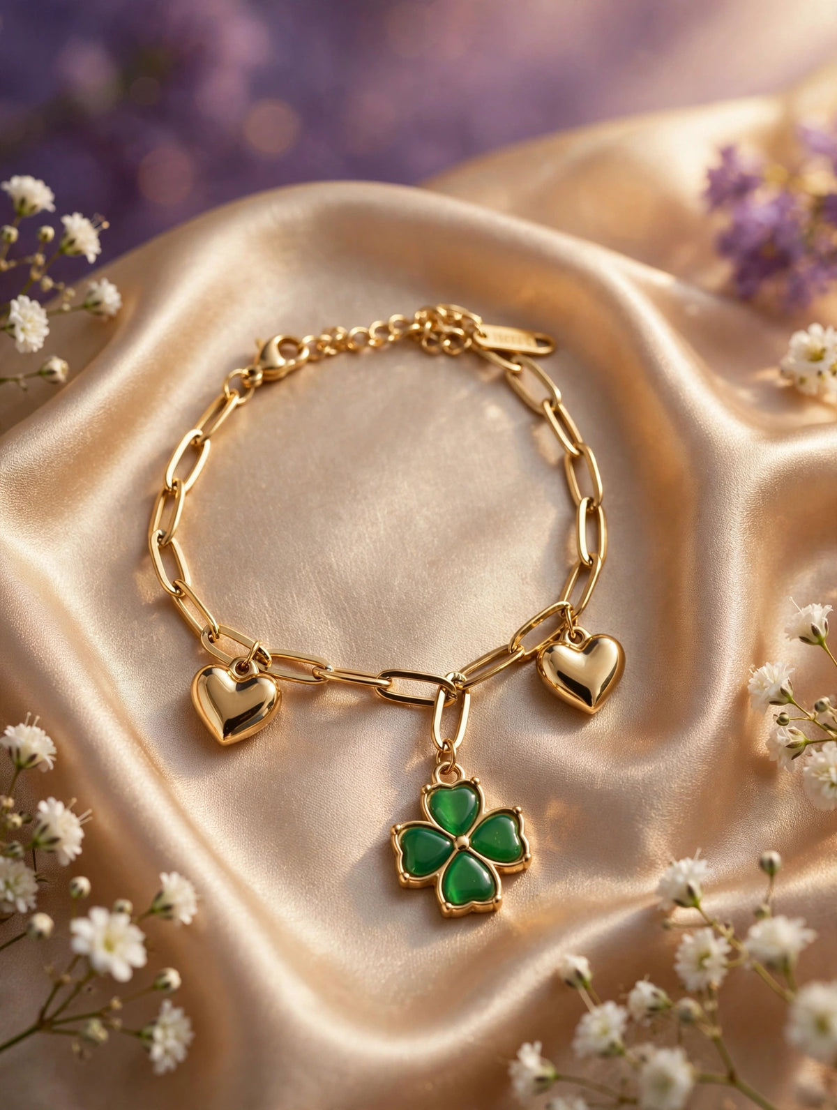 Pulsera eslabones con corazones y trébol verde